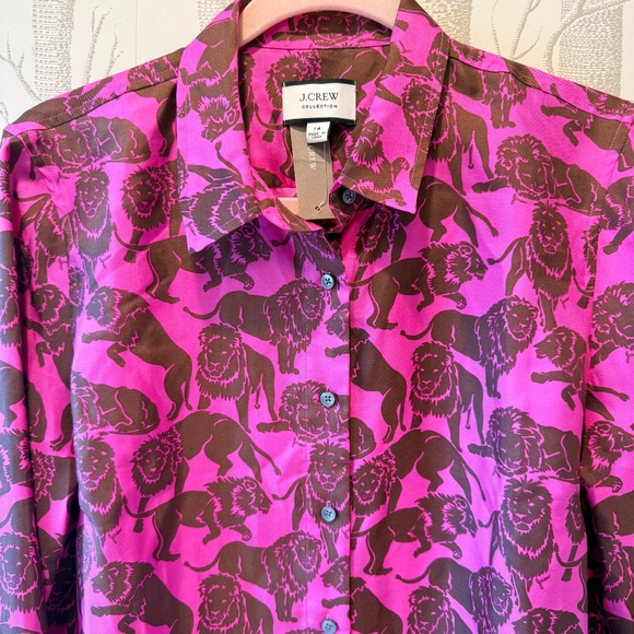 NWT J. Crew Collection Fuchsia Silk Twill Shirt in Brown Sleepy Lions- Size 14. - Picture 3 of 6